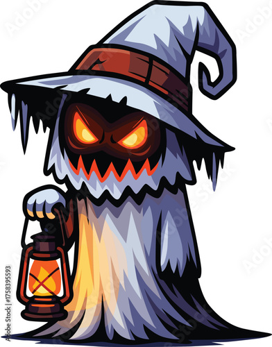 Spooky ghost wearing wizard hat holding glowing lantern on Halloween night