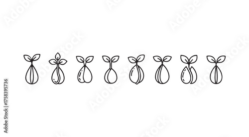 Hand drawn seedlings growing in simple vase shapes organic sprouts botanical sketch decorative elements vector