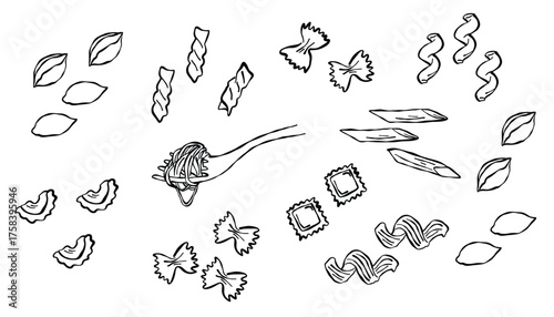 Different types of Italian pasta. Hand drawn sketch. Vector illustration.