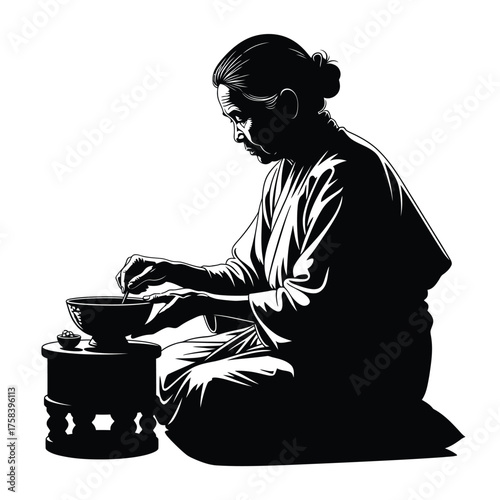 A monochrome illustration of an elderly woman sitting and stirring food in a bowl on a stool silhouette
