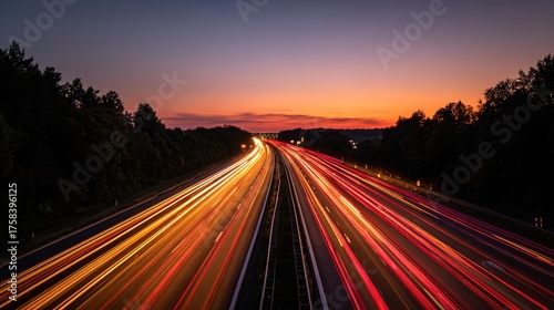 commute. An urban transportation scene with motion blur, featuring a train silhouette against a gradient. mobility guides, transit brochures, designed for transport & logistics marketing.