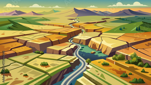 Aerial view of cracked earth after earthquake, roads torn apart, fields divided by long fault line, visual of raw power and geological movement