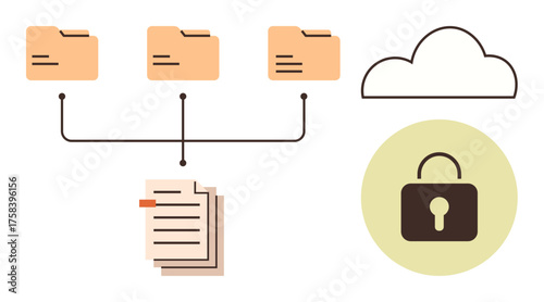 Folders linked to documents and cloud, emphasizing secure file management and data sharing. Ideal for cloud storage, cybersecurity, networking, data protection, collaboration, organization, privacy