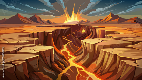 A massive earth fissure cutting through dry desert ground, deep cracks revealing glowing molten layers beneath, dust and heat rising, dramatic geological landscape showing nature’s raw power