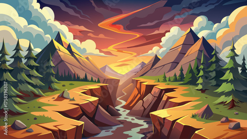 Huge fault line splitting through a mountain valley, rocks crumbling, trees leaning toward the edge, clouds of dust filling air, sense of movement and chaos
