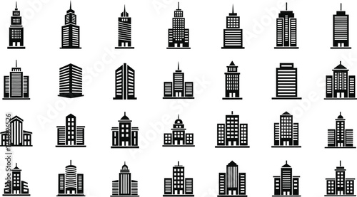 Collection of diverse modern and classic skyscraper building silhouettes isolated on transparent background