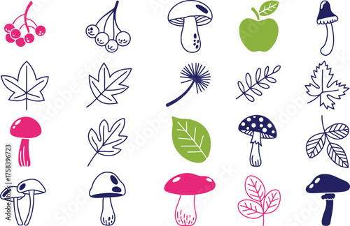 Whimsical autumn elements collection vibrant berries, leaves, and charming mushrooms