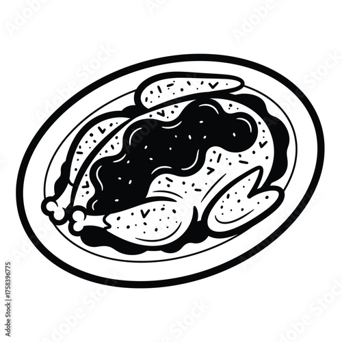 A black and white illustration of a roasted turkey on a platter with sauce and seasonings drawn silhouette
