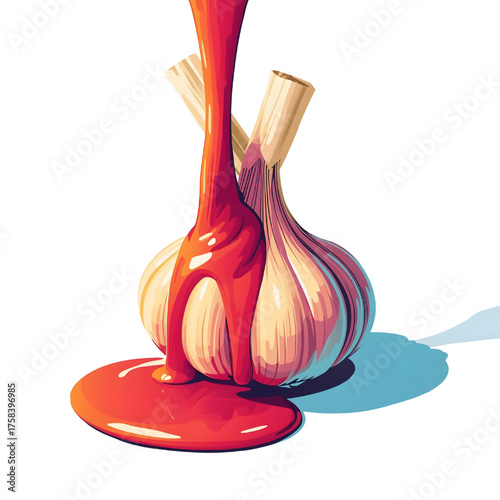 Fresh Garlic Clove Being Pressed with a Stainless Steel Press, Releasing Juice and Pulp on a Cutting Board