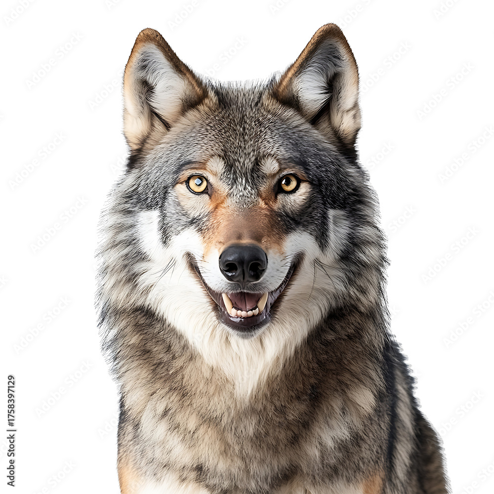 Fototapeta premium PNG file A captivating portrait of a grey wolf with intense gaze and open mouth. The wolf’s fur is a blend of grey and brown, and its eyes glow with intelligence. on transparent background PNG