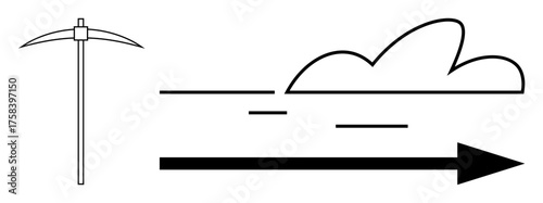 Pickaxe, cloud, and arrow in minimalist style conveying action, forward movement, and exploration. Ideal for progress, mining, growth direction innovation adventure motivation. Simple flat