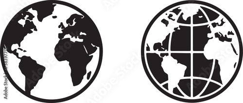 Two Black and White Globe Icons Representing Earth and Global Concepts earth icon world icon also transparent background