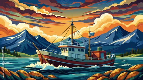 Very beautiful crab fishing boat navigating the icy Alaskan seas under dramatic skies, with rugged waters, distant mountains, and atmospheric clouds, capturing the intensity and adventure of commercia