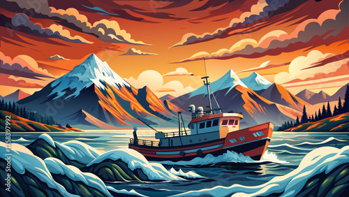 Very beautiful crab fishing boat navigating the icy Alaskan seas under dramatic skies, with rugged waters, distant mountains, and atmospheric clouds, capturing the intensity and adventure of commercia
