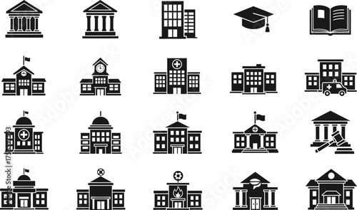Collection of diverse educational institution building icons representing universities schools colleges and libraries isolated on transparent background
