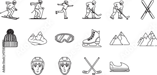 Collection of Winter Sports and Mountain Icons in Outline Style skiing skating also transparent background