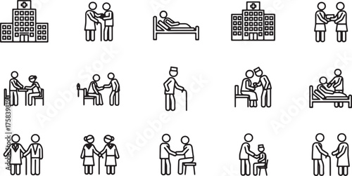 Healthcare and Elderly Care Icons Featuring Hospitals Nurses Doctors and Patients in Various Scenarios Keywords: healthcare, medical, hospital, doctor, nurse, also transparent background