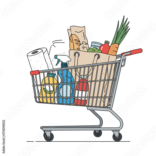 A full shopping cart filled with household essentials and groceries for weekly needs.