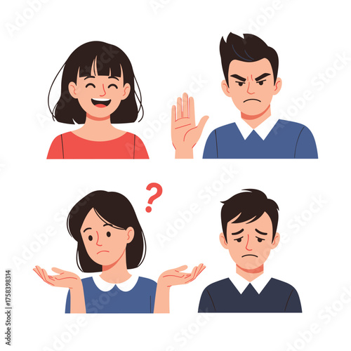 Diverse emotional expressions illustrating interpersonal communication challenges and misunderstandings.