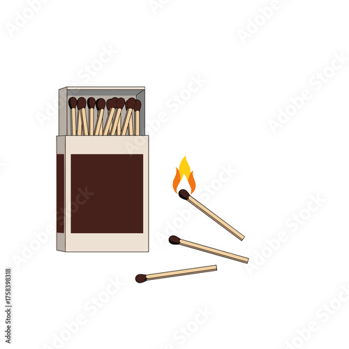 A box of safety matches is shown with a single match aflame next to three unlit matches.