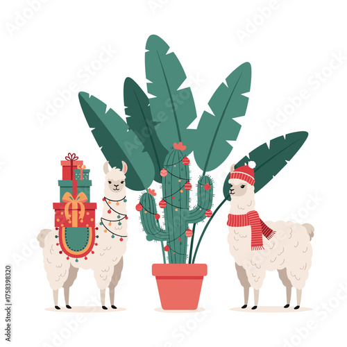 Two cute llamas wearing festive Christmas hats and scarves stand next to a decorated cactus.