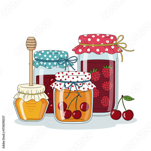A delightful assortment of homemade jams and honey presented with festive coverings and garnished with fresh fruit.