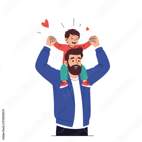 A loving father carries his joyful son on his shoulders during a happy moment.