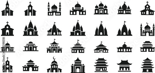 Collection of diverse architectural building icons representing various religious and cultural structures isolated on transparent background