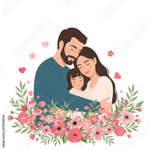 A loving family embracing each other surrounded by beautiful blooming flowers and soft pink hearts.