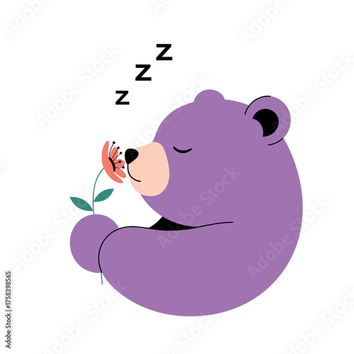 A sleepy purple bear enjoys the sweet scent of a delicate pink flower while napping peacefully.