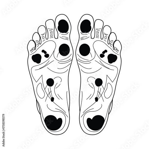 Illustration of the soles of two feet with black circles and lines indicating pressure points silhouette