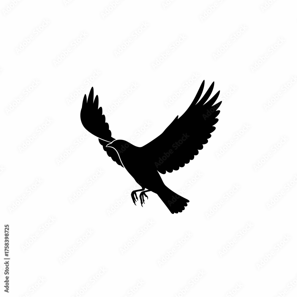 Obraz premium Black silhouette vector icon of a flying bird with outstretched wings, isolated on white background.