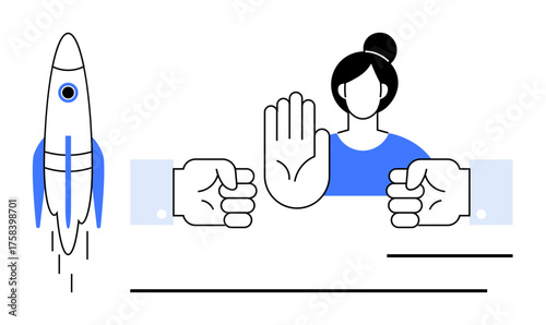 Woman raising hand to halt with rocket launch and clenched fists, symbolizing conflict, resistance, and boundaries. Ideal for confrontation, control, teamwork, negotiation, management leadership