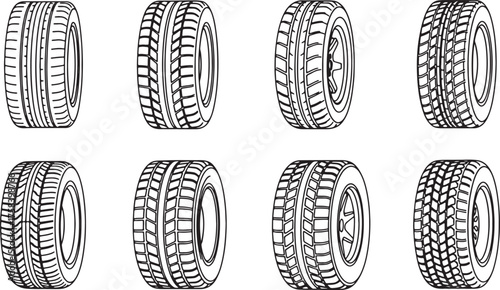 Collection of Eight Black and White Outline Icons of Car Tires wheel automotive also transparent background