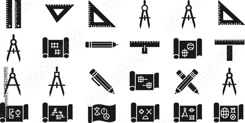 Collection of drafting and architectural tools including rulers protractors compasses pencils and blueprints isolated on transparent background