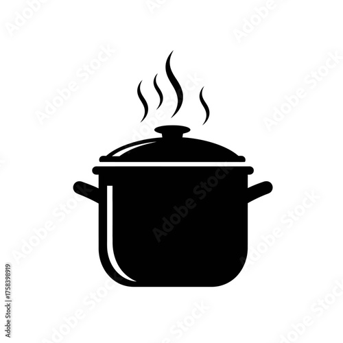 Hot cooking pot icon with rising steam silhouette.