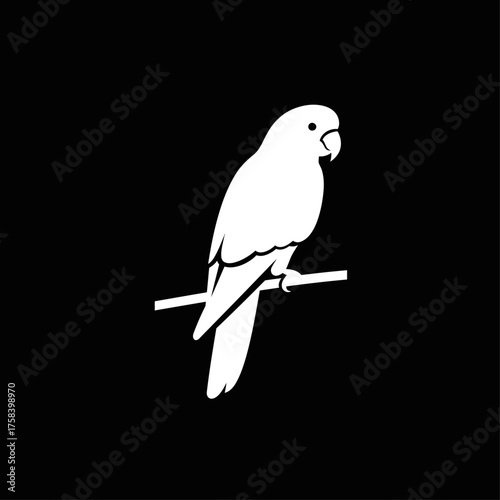 Simple white parrot silhouette icon perched on a branch.