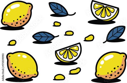 Vibrant yellow lemons and blue leaves arranged playfully on a clean white background