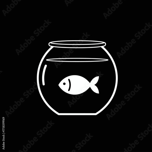 Minimalist white fishbowl and fish icon on black.