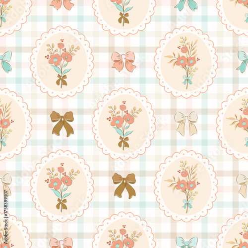 Preppy flirty flower bouquet with bow in frame seamless pattern on check bow background. Vector cute cartoon hand-drawn illustration. Tartan check, textile, baby clothes, wallpaper, scrubbing, fabric