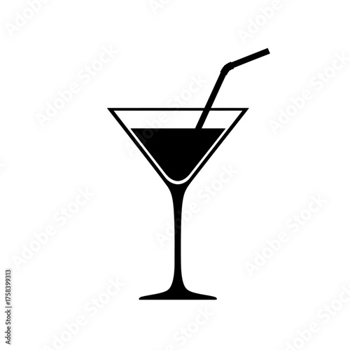 Black Silhouette Cocktail Glass Icon with Drinking Straw