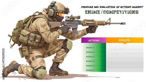 Corporate Business Presentation Concept featuring Military Soldier in Tactical Gear Kneeling with Rifle, Action Evaluation Chart, Strategy Planning, and Competitive Performance Analysis Design. PPT