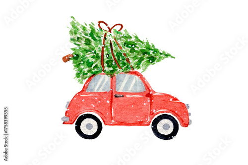 Watercolor illustration of a red car carrying a Christmas tree for holiday Sublimation Design