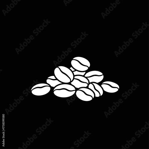 White silhouette icon of coffee beans piled on a black background