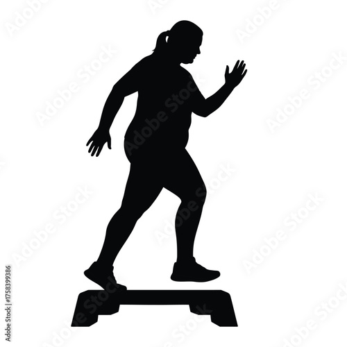 Silhouette of a woman stepping onto a step platform with her arm raised on a white background