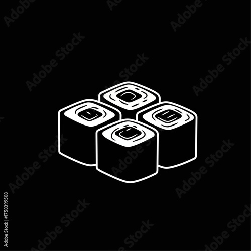 Minimalist Vector Icon of Four Maki Sushi Rolls on Black Background