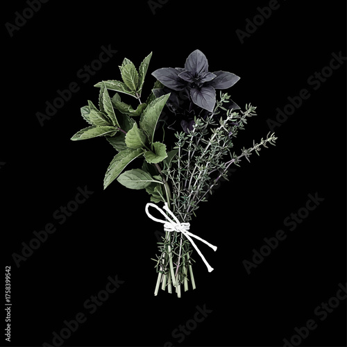 Fresh culinary herb bouquet including mint, thyme, and purple basil tied with twine against a dramatic black background.