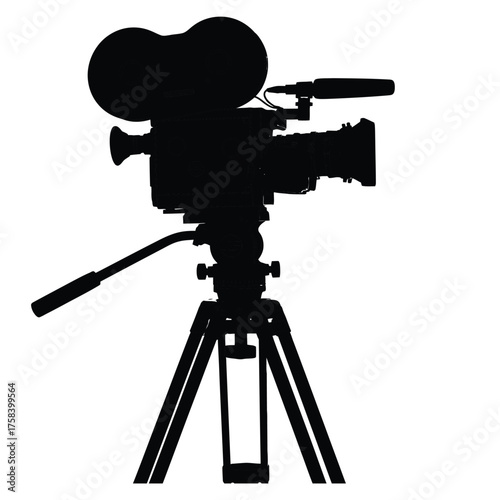 Silhouette of a vintage film camera on a tripod with microphone against white background