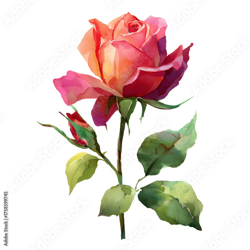 Watercolor pink rose flower with delicate petals and green leaves isolated on white background showcasing natural floral beauty