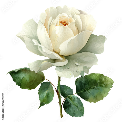 Watercolor white rose flower with soft petals and green leaves detailed with dew drops isolated on white background symbolizing purity and peace